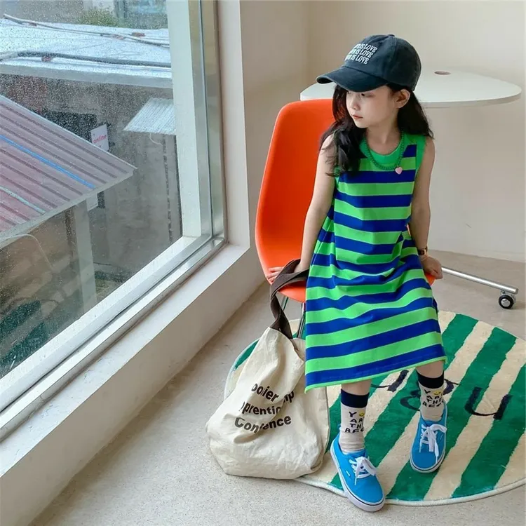 女童夏季新款潮牌棉质拼色条纹个性公主背心裙中小童韩版洋气宝宝