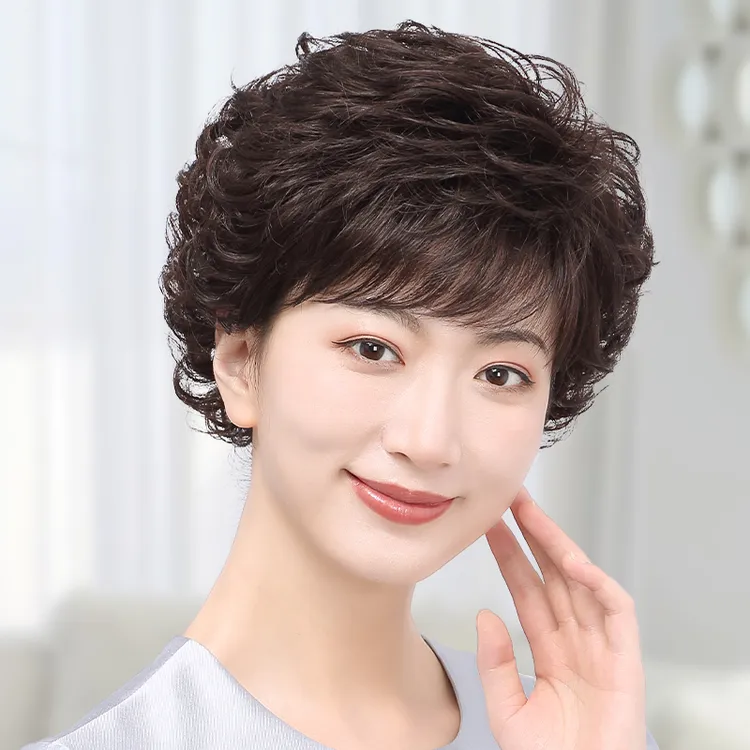 假发女全头套真人发丝妈妈款短发发型假发套自然2025新款真发卷发