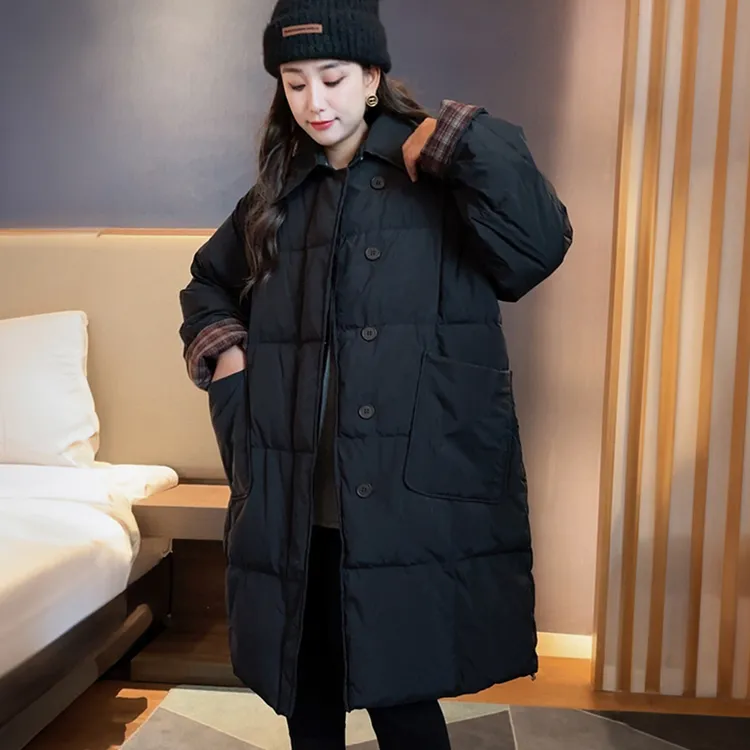 大码羽绒服女200斤胖MM拼接过膝长款宽松加厚保暖白鸭绒百搭外套