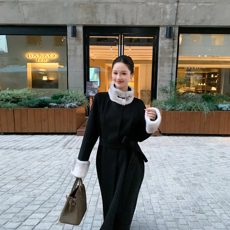 高端水貂毛领千金双面羊绒大衣女2025冬季新款轻奢气质毛呢子外套