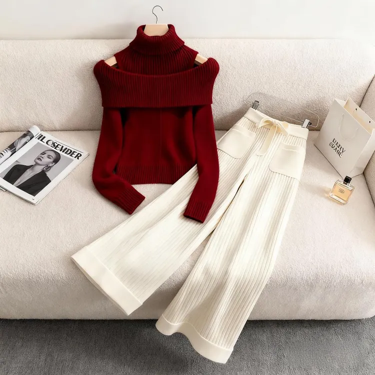 韩系冬季新款设计感高端小众两件套红色氛围感堆堆领针织衫休闲裤