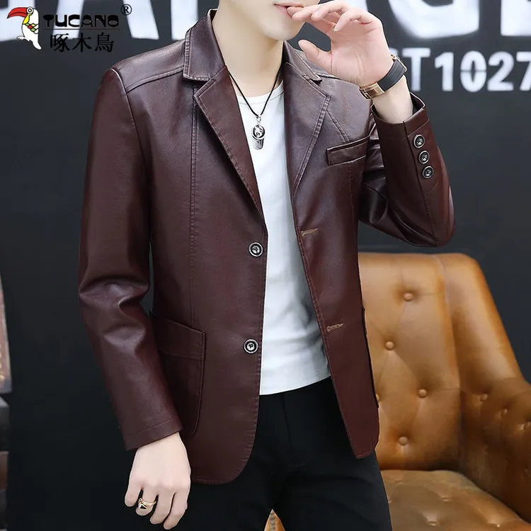 啄木鸟百搭中年外套时尚休闲爸爸秋冬新款皮夹克修身商务帅气上衣