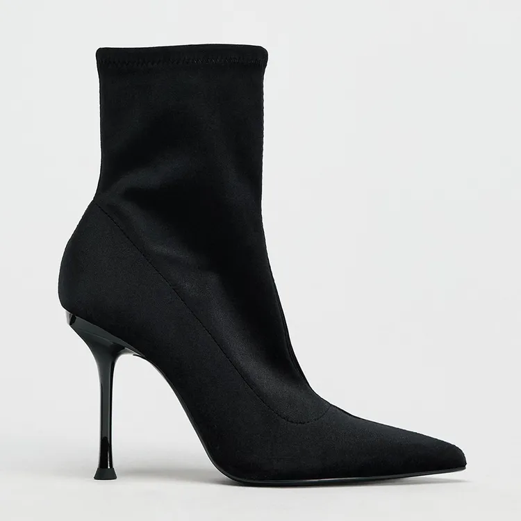 2025秋冬ZA靴子女天鹅绒面瘦瘦靴弹力袜靴尖头细跟高跟短靴女黑色