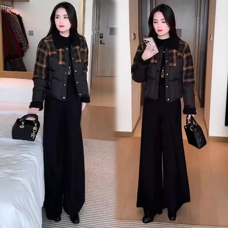 羽绒棉服女2025冬季新款时髦洋气小个子短款撞色拼接翻领加厚棉袄