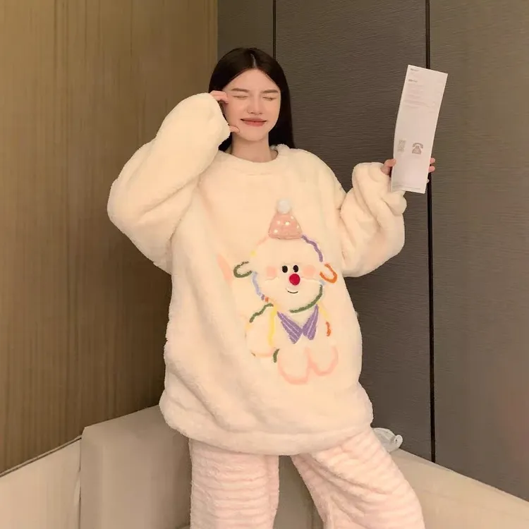 NEXT珊瑚绒睡衣女秋冬季卡通小狗加厚家居服有口袋套头套装可外穿