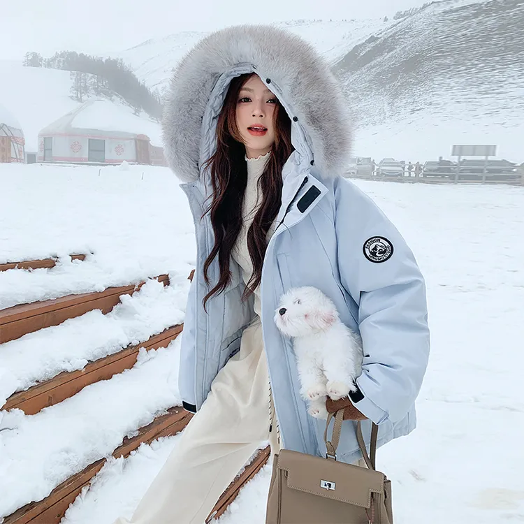 超好看蓝色工装羽绒服女冬新款韩系穿搭狐狸毛领冲锋衣派克服外套