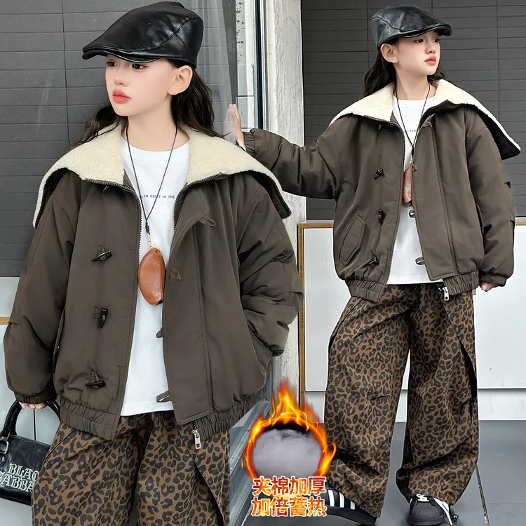 女童夹棉派克服秋冬2025新款大童冬季中大童加厚宽松翻领棉衣外套