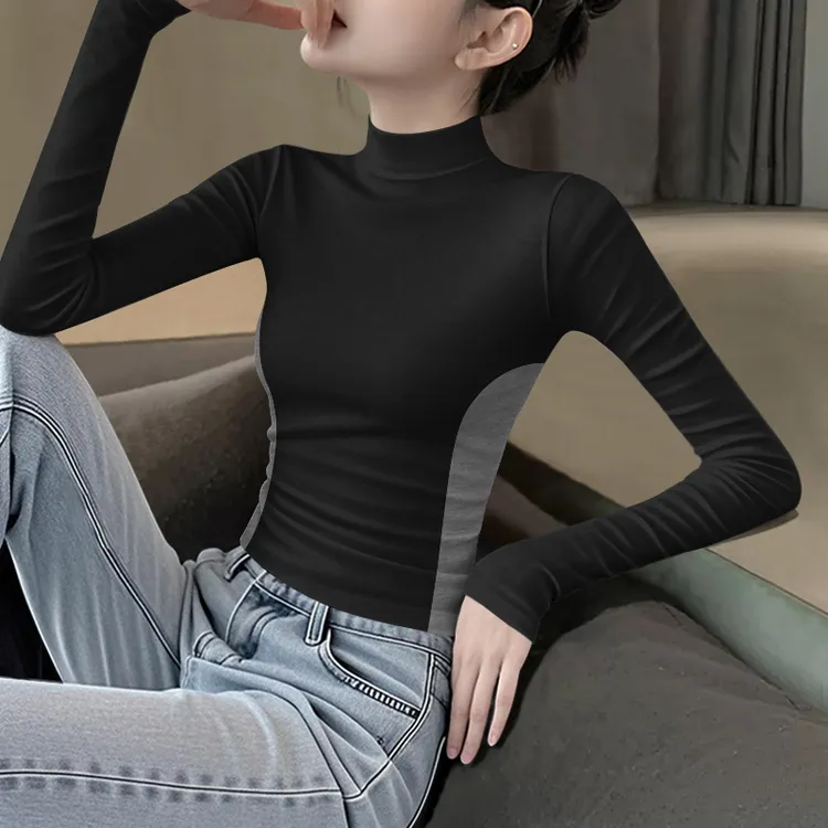 2025秋冬新款半高领撞色长袖女黑拼暗灰高级感显瘦修身打底上衣服