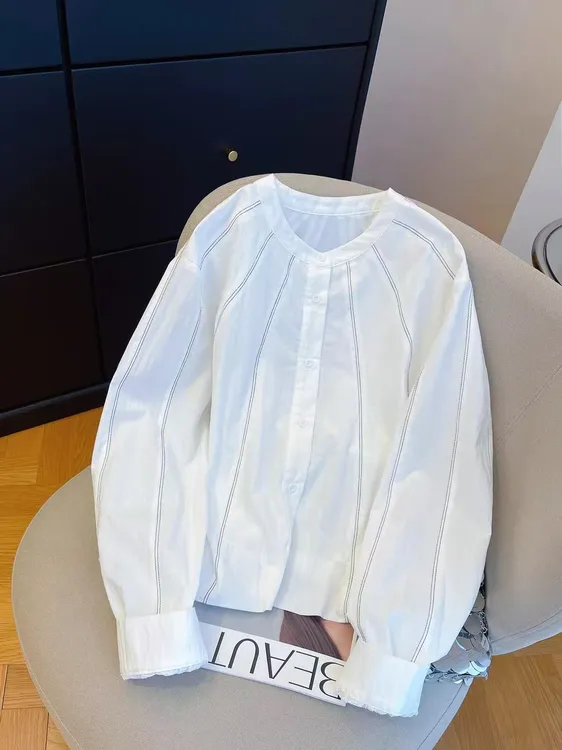 明线设计感小众白色衬衫女长袖2025新款宽松百搭圆领短款收腰上衣