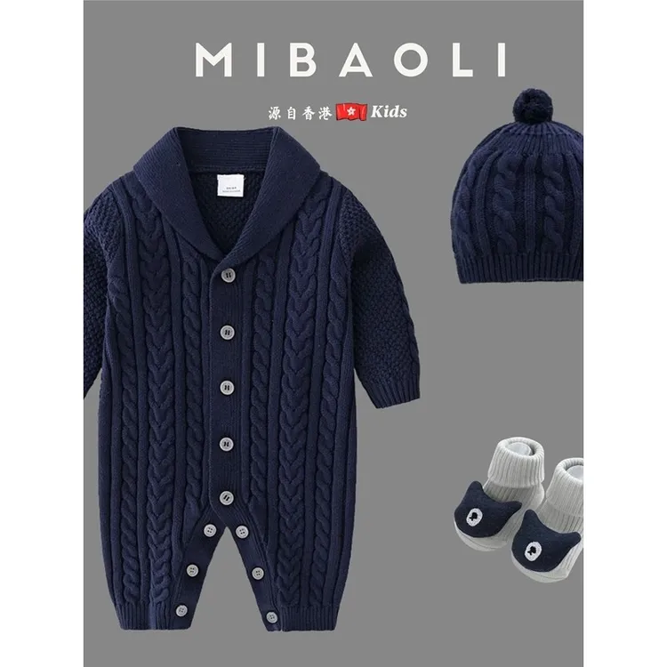 香港ins风婴儿毛线衣秋冬宝宝爬服翻领连体衣洋气婴儿针织哈衣