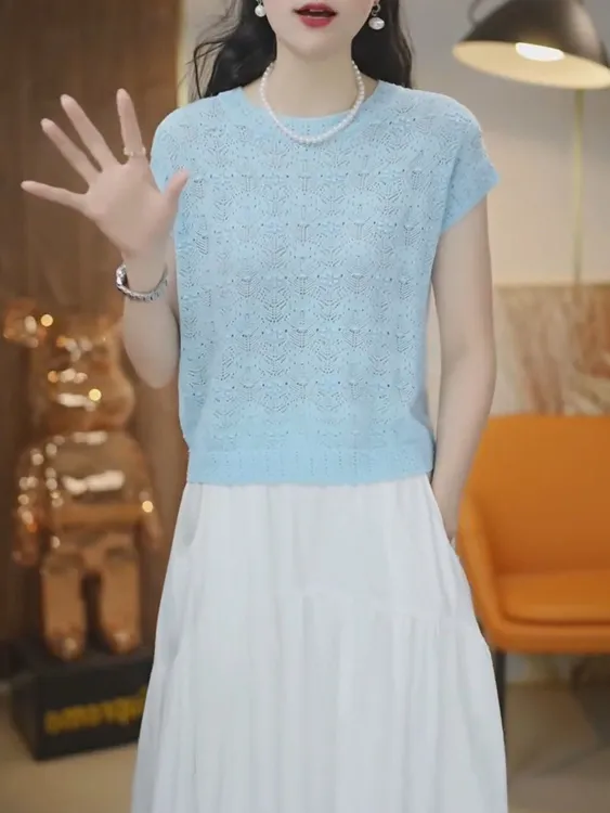 天丝桑蚕丝轻薄透气圆领纯色镂空针织衫2025新款宽松百搭气质上衣