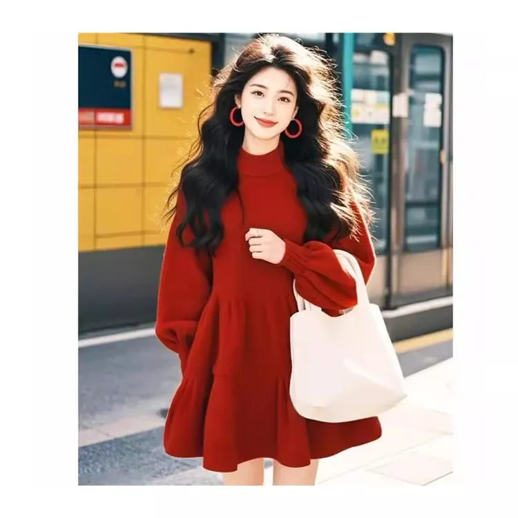 高腰小个子穿搭气质红色针织连衣裙2025秋季新款女装灯笼袖裙子