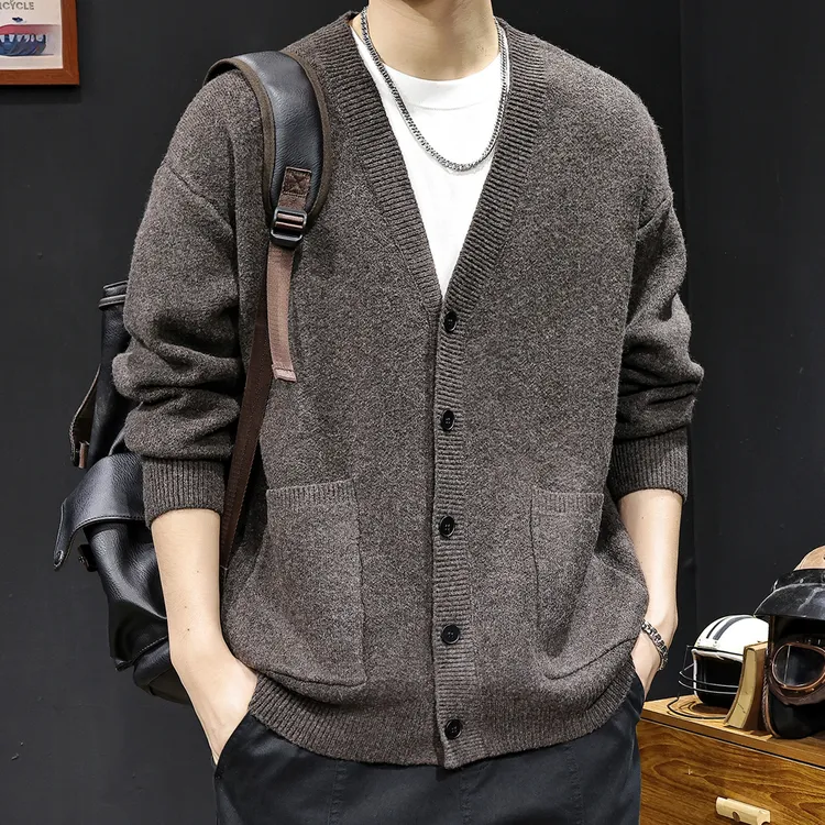 V领排扣开衫毛衣男士外套2025新款秋冬宽松大码针织休闲高端潮牌