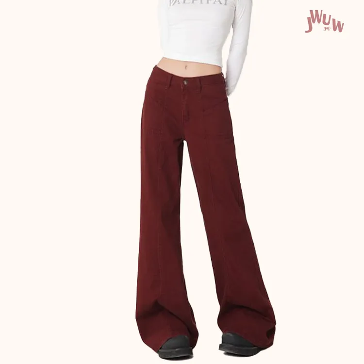 JWUW破缝分割安可拉红直筒休闲牛仔裤女宽松阔腿微喇拖地长裤子