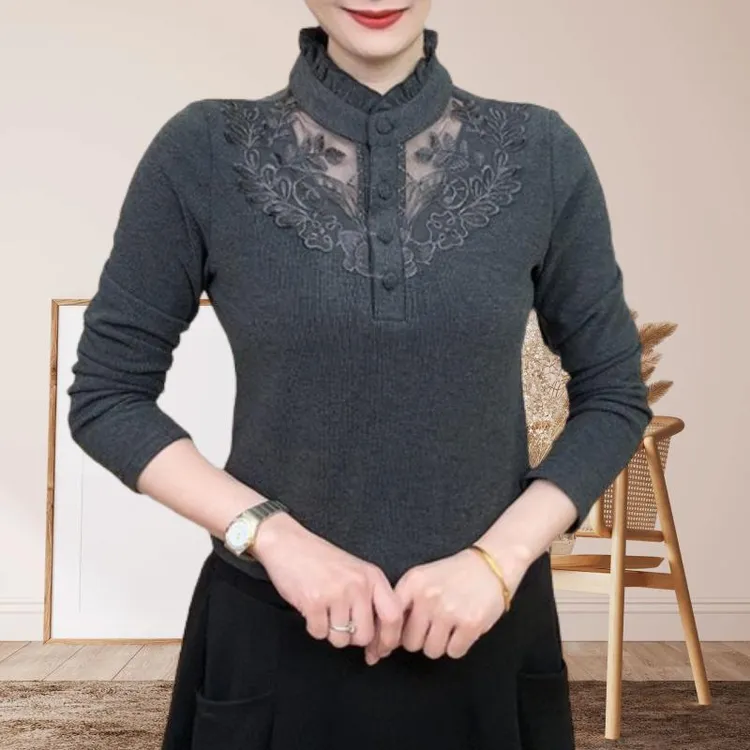 法式简约百搭显瘦镂空高级感T恤气质时尚减龄花边半高领长袖上衣