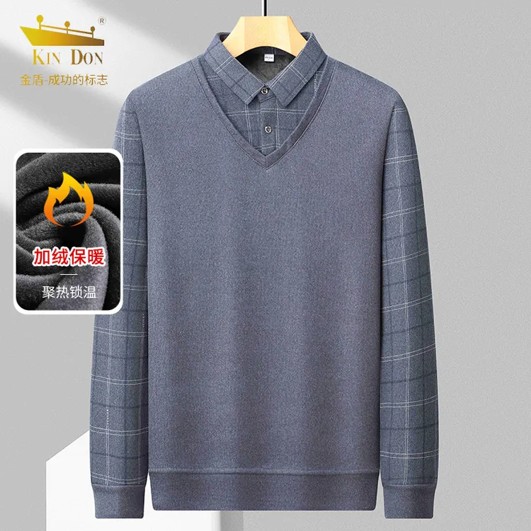 金盾男士假两件加绒加厚保暖针织衫秋冬打底毛衣上衣
