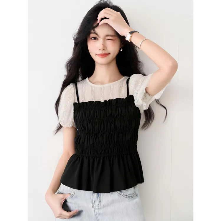 法式假两件短袖衬衫女夏季2025新款小个子泡泡袖短款掐腰上衣小衫
