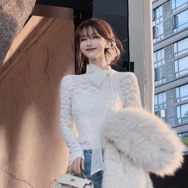 2025秋冬新款法式名媛气质甜美蝴蝶结系带长袖蕾丝衫女温柔风上衣