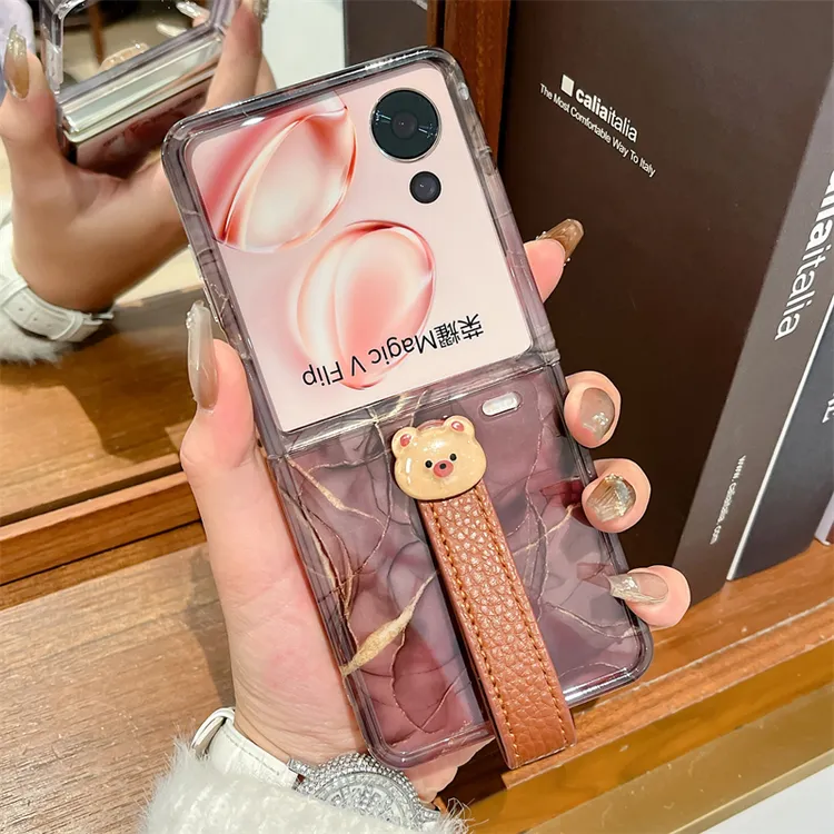 适用荣耀Magic V Flip手机壳石纹Flip折叠屏小熊腕带女款保护套