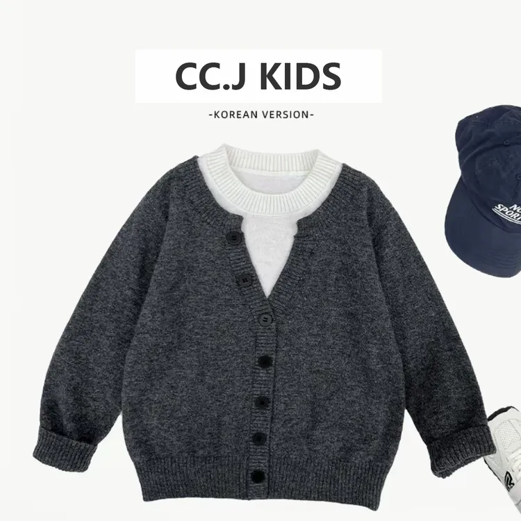 女童外套2025新款针织春秋洋气儿童假两件套头毛衣韩版针织衫上衣