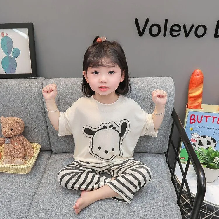 莫代尔儿童夏季睡衣男女宝宝薄款分体空调服套装卡通短袖家居服