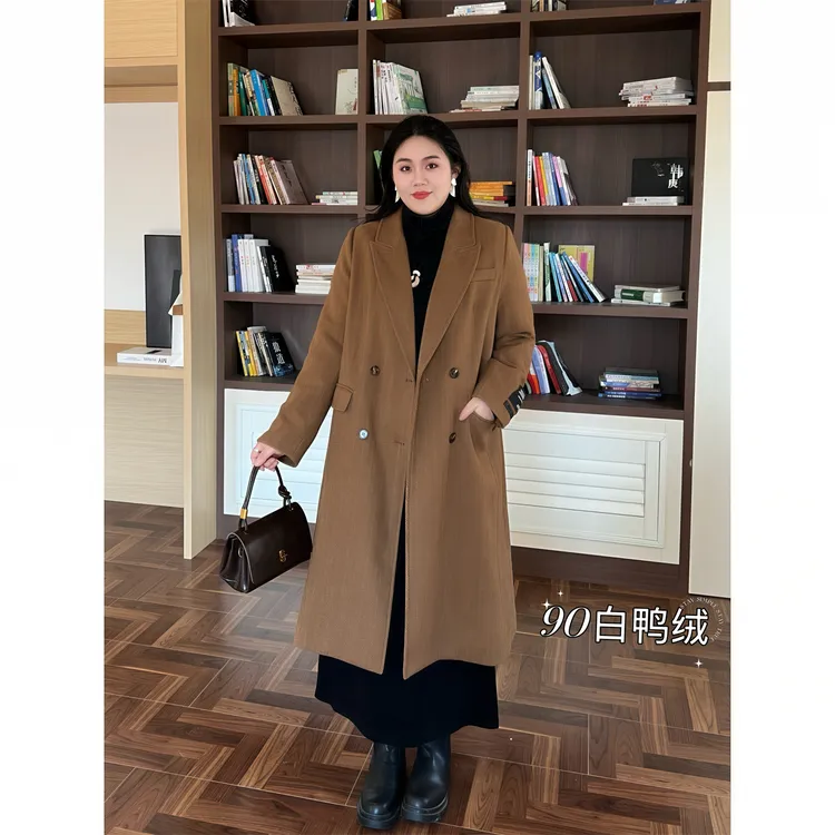 花契“温莎往事”大码女装冬季200斤胖mm-90白鸭绒羽绒大衣15431-F