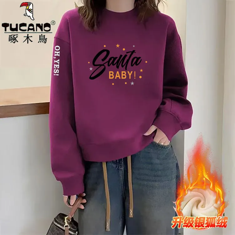 啄木鸟纯棉中年圆领卫衣女新款印花大码长袖妈妈t恤上衣轻松舒适