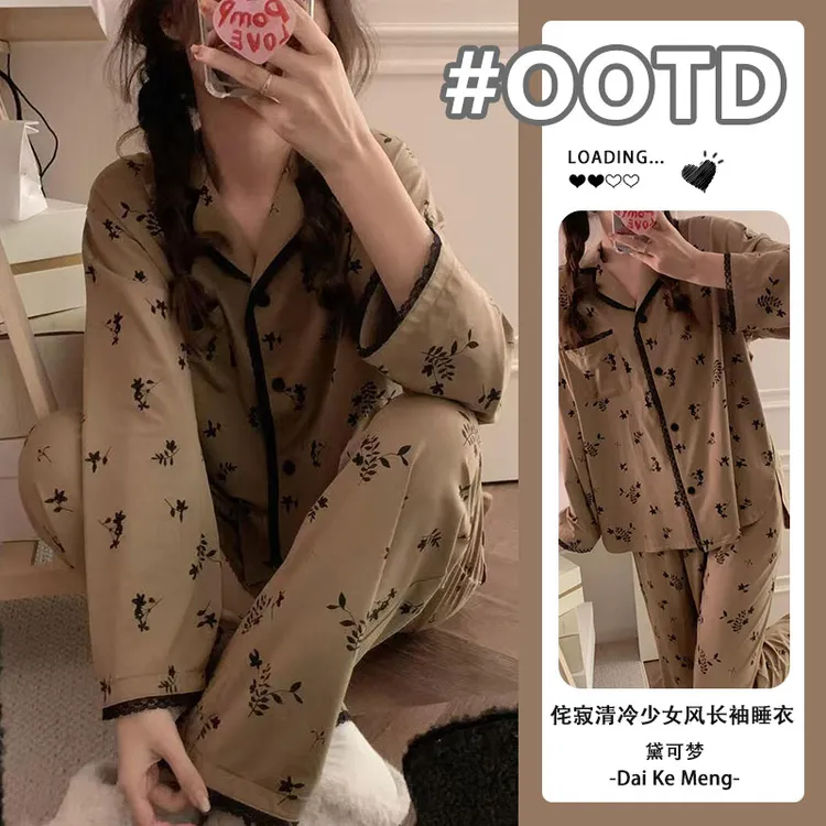 清冷感少女复古花长袖长裤翻领睡衣春秋款宽松休闲舒适家居服套装