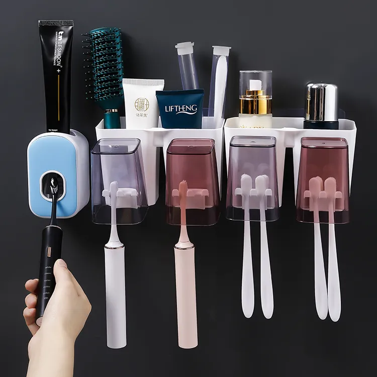 卫生间吸壁挂墙式牙刷置物架免打孔刷牙杯架家用漱口杯缸架子套装
