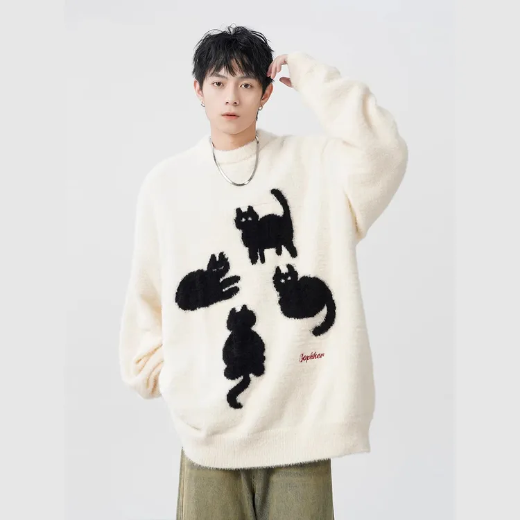 重磅马海毛毛衣男秋冬潮牌美式宽松休闲针织衫百搭慵懒风猫咪上衣