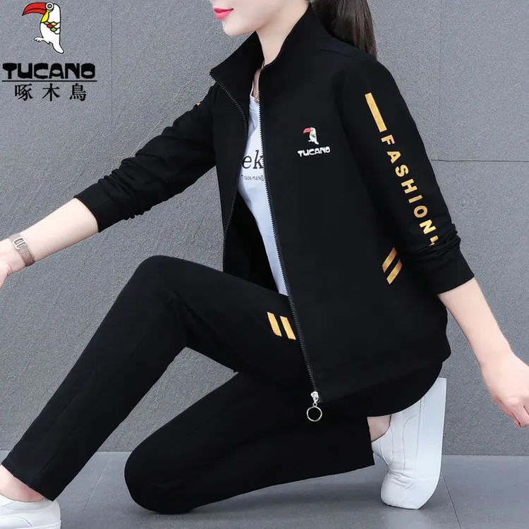啄木鸟休闲运动服套装女春秋2025新款大码中年妈妈开衫卫衣三件套