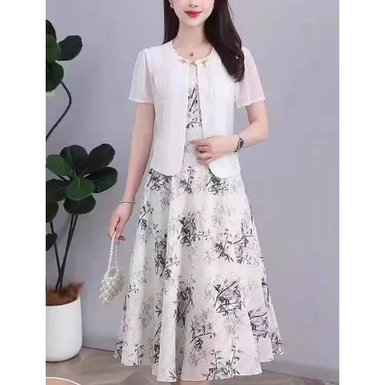 25801#夏季时尚高品质竹叶花修身显瘦两件套连衣裙