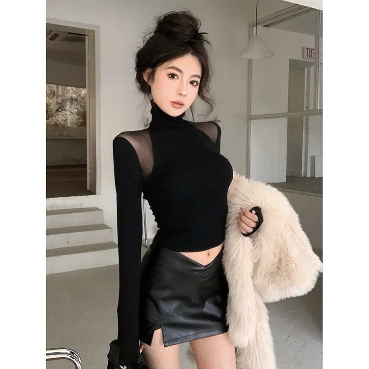 高级感气质透视半高领网纱拼接上衣女秋冬加绒内搭打底衫长袖T恤