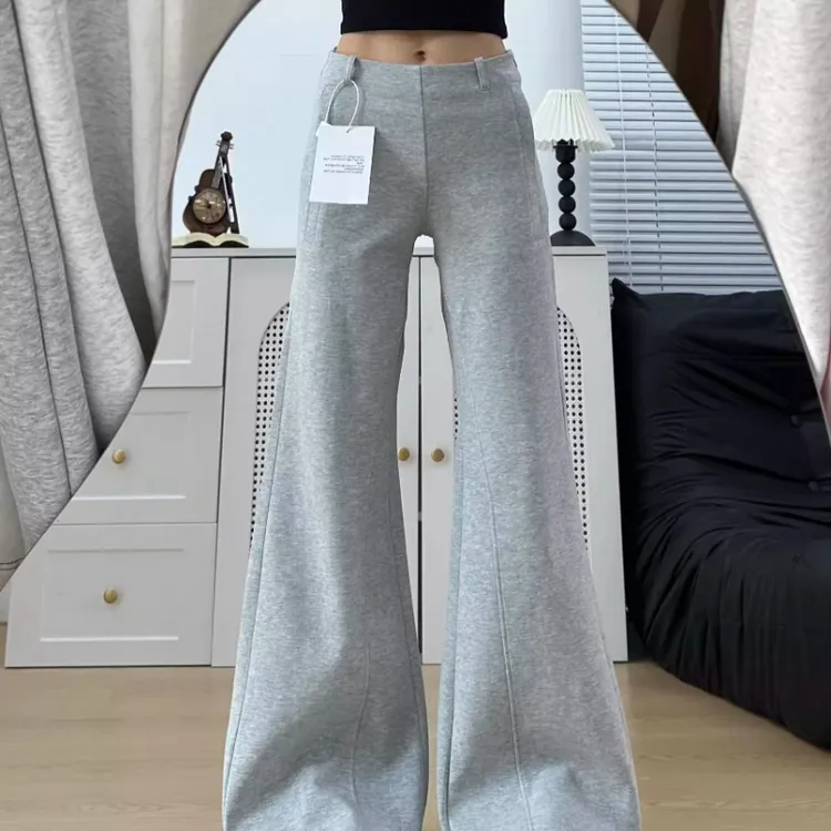 慵懒风灰色低腰阔腿裤女秋季2025新款宽松垂感显瘦拖地高腰微喇裤