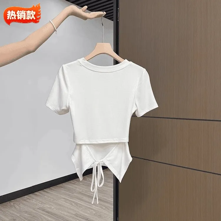 设计感后背镂空系带正肩短袖T恤女夏季小个子修身别致绝美小上衣