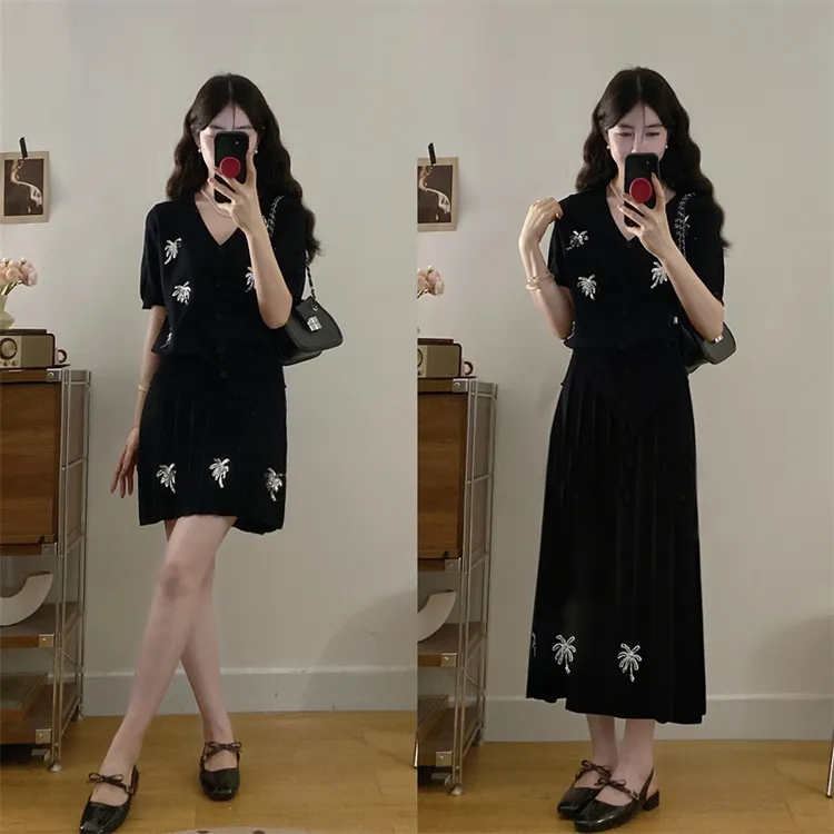 大码夏季烟花短袖套装两件套简约亮片V领针织上衣半身裙优雅气质