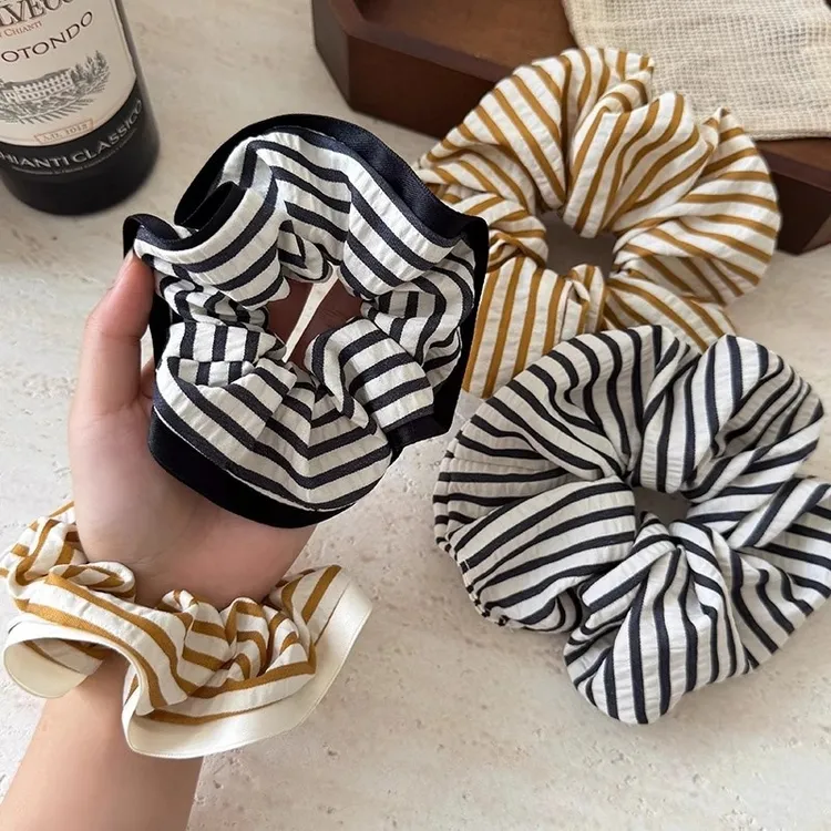 复古简约文艺少女条纹大肠发圈撞色褶皱头花发绳发饰时髦皮筋头绳