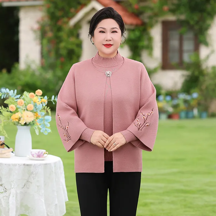 中老年女装毛针织衫套装半高领打底毛衣奶奶装开衫妈妈秋装一整套