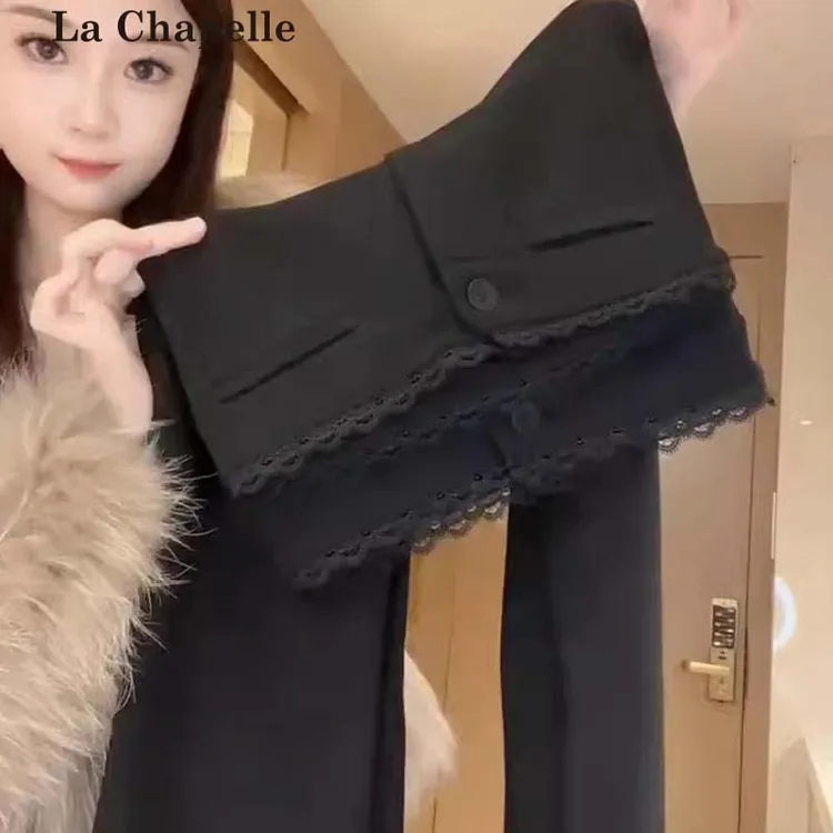 拉夏贝尔黑色西装微喇叭裤女2025秋冬新款高腰小个子超模马蹄裤子