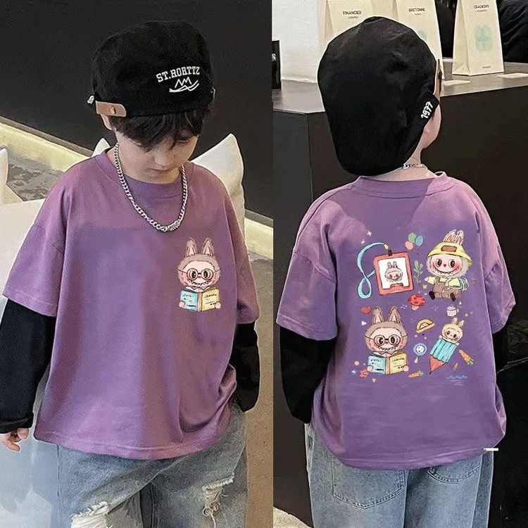 纯棉圆领撞色长袖t恤男女童2025新款洋气时尚百搭假两件打底上衣t