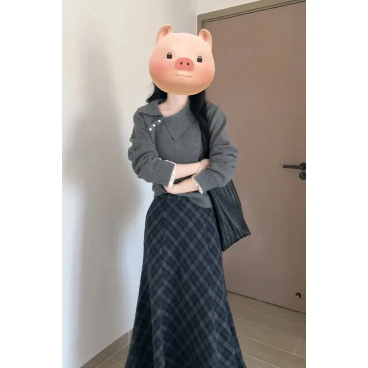 2025秋季新款女韩系穿搭翻领拼接蕾丝长袖毛衣上衣高腰格纹半身裙
