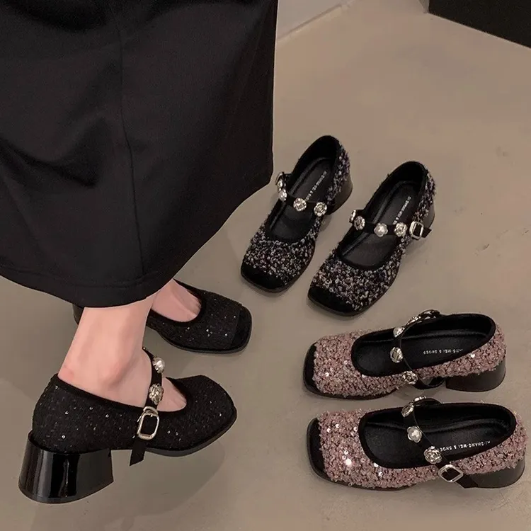 法式粗跟小香风单鞋女2025春季新款配裙子亮片玛丽珍晚晚鞋小单鞋