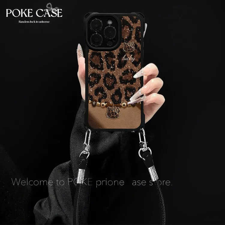 四角挂绳豹纹KT猫适用华为红米苹果vivo小米oppo挂绳手机壳防摔