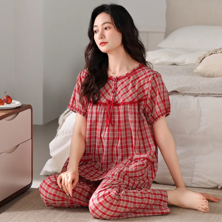 睡衣女夏季短袖长裤纯棉新款女士格子宽松开衫春秋夏天薄款家居服