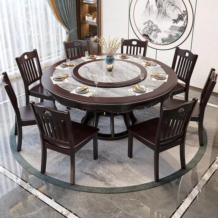 新中式实木岩板餐桌椅组合家用8/10人大圆形带转盘酒店吃饭桌