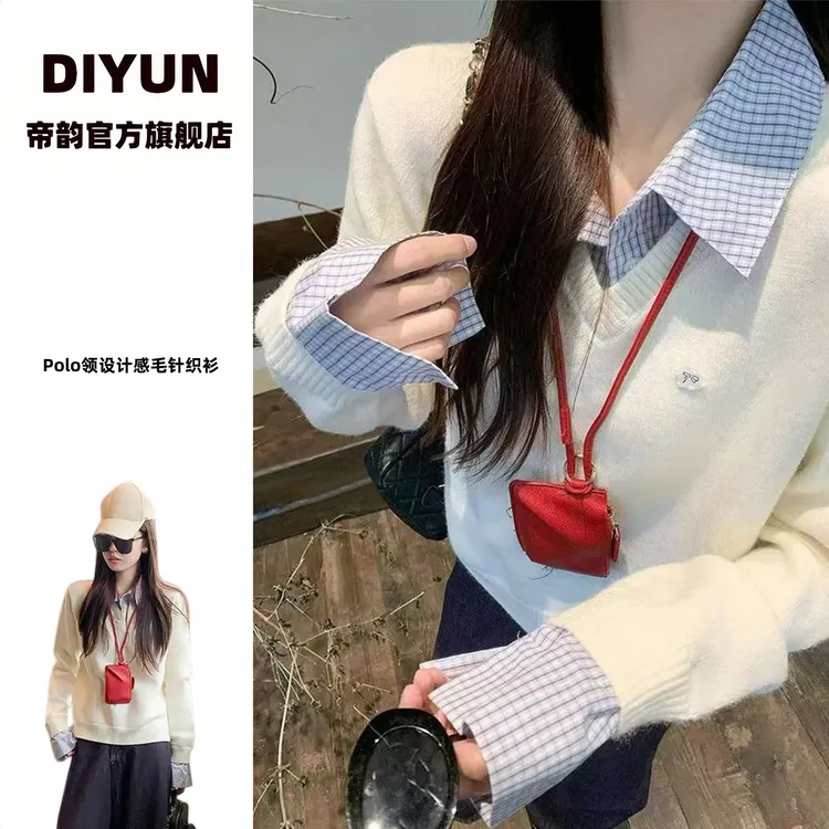 秋冬衬衫拼接高级感长袖内搭针织衫上衣韩系甜美假两件翻领毛衣