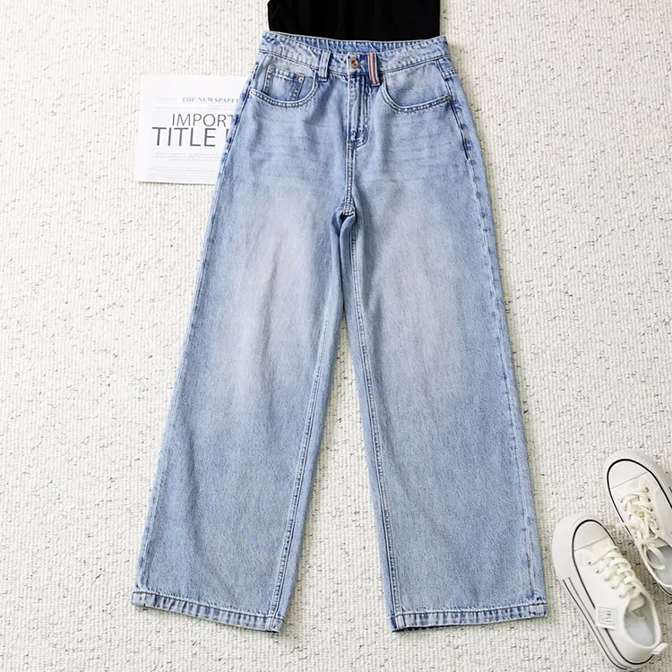 【HANIJIA】浅蓝阔腿牛仔裤高腰夏季新款宽松显瘦百搭直筒裤子78067