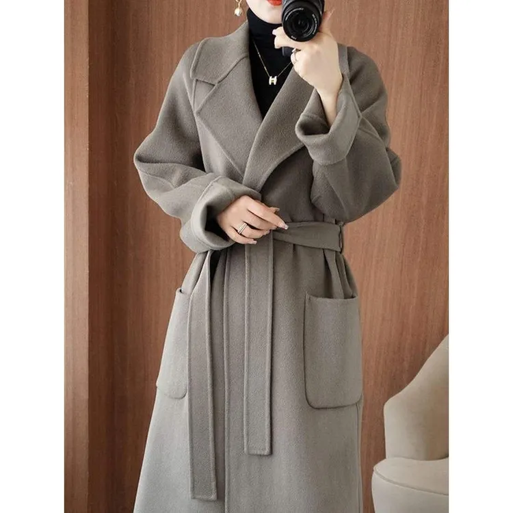 双面呢绒大衣女纯色长款毛呢冬高档显瘦法式韩版赫本风外套女
