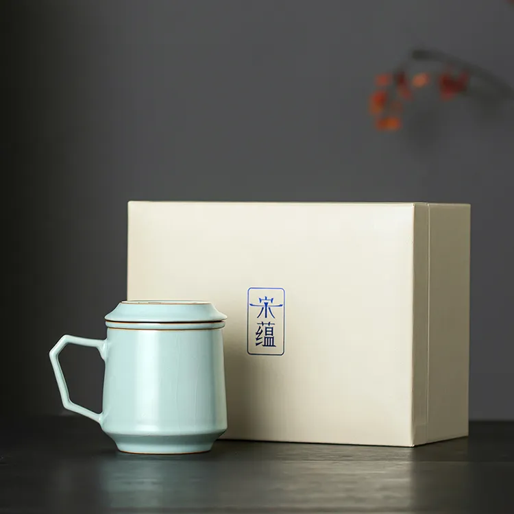 煌山宋蕴高端汝窑泡茶杯家用办公茶水分离陶瓷杯带盖生日礼物伴手