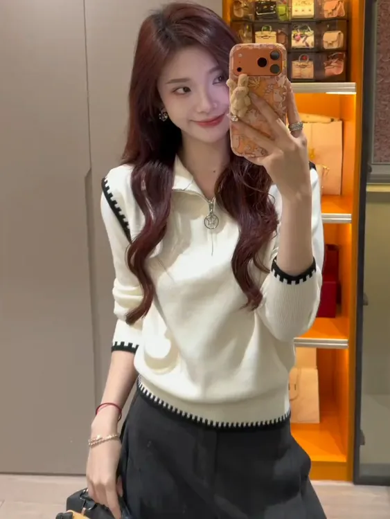 设计感洋气减龄半拉链撞色毛衣2025秋冬新款半高领气质韩版针织衫